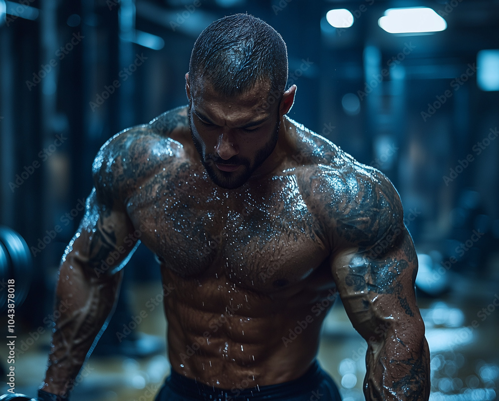 intense focus of a male athlete during a high-strength workout highlighted by dramatic gym lighting intense focus of a male athlete during a high-strength workout highlighted by dramatic gym lighting