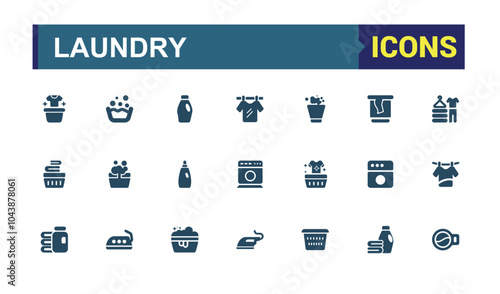 Laundry set of web icons in solid style. Includes filled washing, cloth care, garment cleaning, laundry, clothing care, laundry services and more. Simple icon for mobile and web apps.