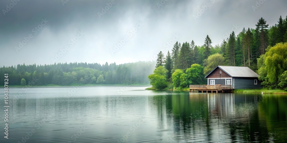 Fototapeta premium Rainy weather over a minimalist lake house landscape