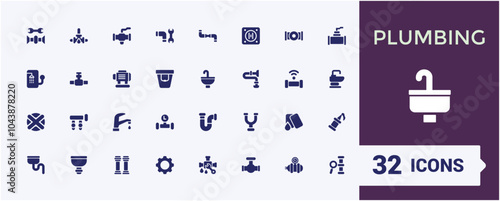 Plumbing soli icon pack. Related to sewerage, piping, waterworks, hydraulics, pipe fitting, sanitation systems and more. Minimal filled icons. Editable Vector symbol.