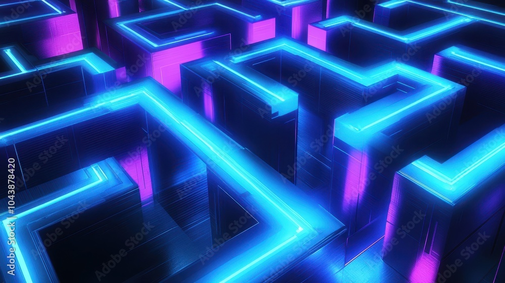 Abstract Neon Geometric Shapes, Blue and Purple Glow Abstract Neon Geometric Shapes, Blue and Purple Glow