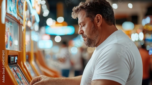 A concentrated man playing slot machines in a vibrant and bustling casino, capturing the thrill and anticipation of gaming and the vibrant atmosphere of the venue. photo