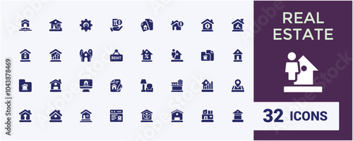 Real estate solid web icon set. Containing estate, property, realty, land development, property market and more. UI icon set in flat design. Editable filled vector.