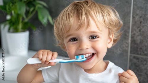 A cheerful young child with blond hair happily brushing teeth, demonstrating good dental hygiene practices with a bright smile, standing in a modern bathroom. photo