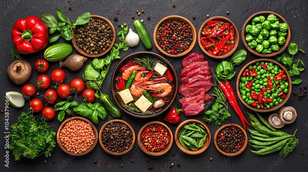 A vibrant assortment of fresh ingredients including vegetables, herbs, and proteins on a dark background. A vibrant assortment of fresh ingredients including vegetables, herbs, and proteins on a dark background.