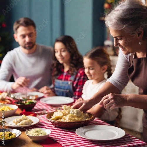 Create a full shot of a Wigilia celebration, captured from eye level with deep focus. Show Caucasian male and female family members and children eeating traditional Polish Christmas pierogi and