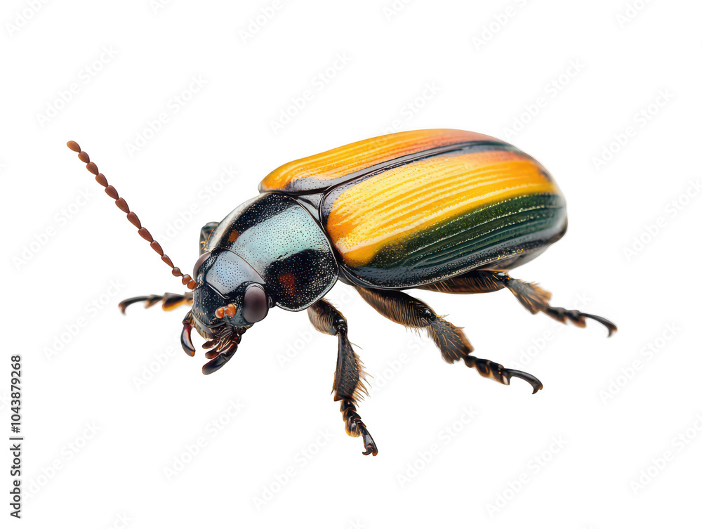 Naklejka premium Vibrant multicolored beetle with intricate patterns on isolated white background, showcasing nature's artistry.