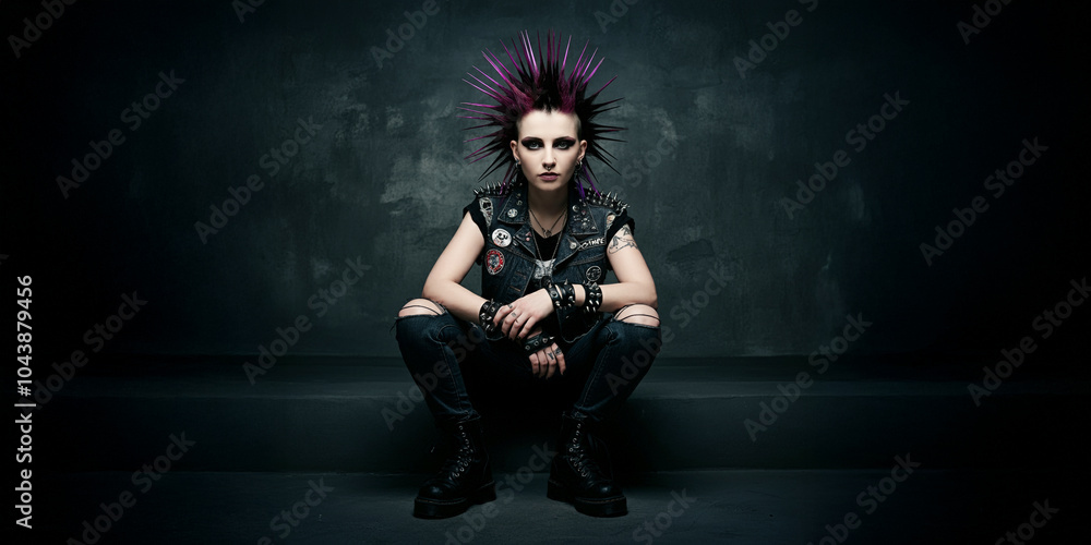 Runk Rock Girl, Edgey Woman, Beauty, Tough, Leather Jacket, Spiked Purple Hair, Style Graphic Runk Rock Girl, Edgey Woman, Beauty, Tough, Leather Jacket, Spiked Purple Hair, Style Graphic