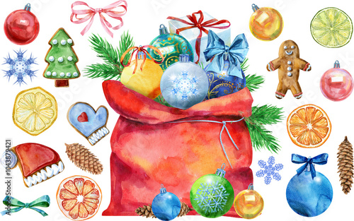 Christmas Santa red bag, ball and gingerbread, watercolor illustration