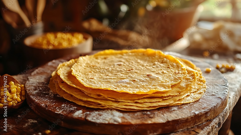Homemade Corn Tortillas on a Rustic Wooden Cutting Board. Homemade Corn Tortillas on a Rustic Wooden Cutting Board.