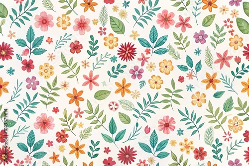 random flowers and leaves minimalistic simple seamless pattern texture with white backdrop Extreme Close-Up