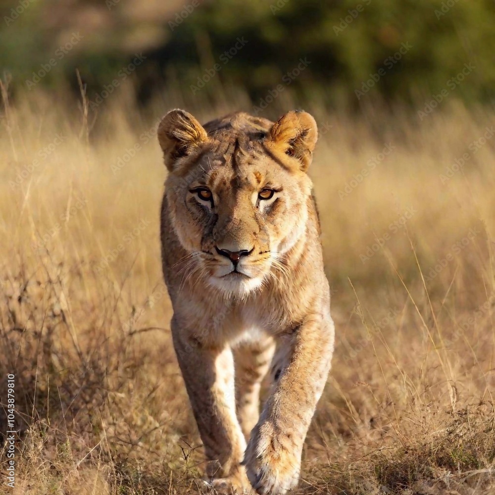A full shot photo of a lioness walking confidently through tall golden grass, deep focus on the movement of its muscles and fur, low-angle shot that makes the lion appear larger and more imposing A full shot photo of a lioness walking confidently through tall golden grass, deep focus on the movement of its muscles and fur, low-angle shot that makes the lion appear larger and more imposing