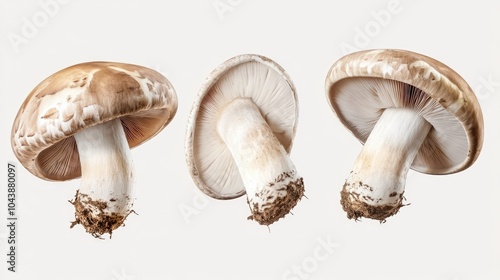 Sliced Champignon Mushrooms Floating in Air, Isolated on White Background