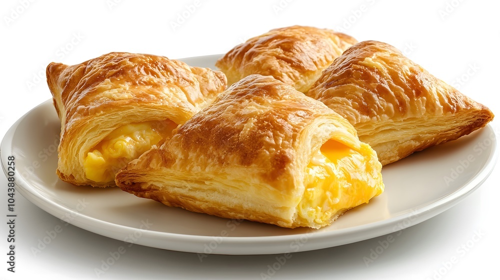 Golden puff pastries with creamy custard filling on white plate Golden puff pastries with creamy custard filling on white plate