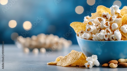 A tempting bowl filled with popcorn, almonds, and crisps, artfully arranged against a soft, blurred background, suggesting a tempting treat for a cozy evening. photo