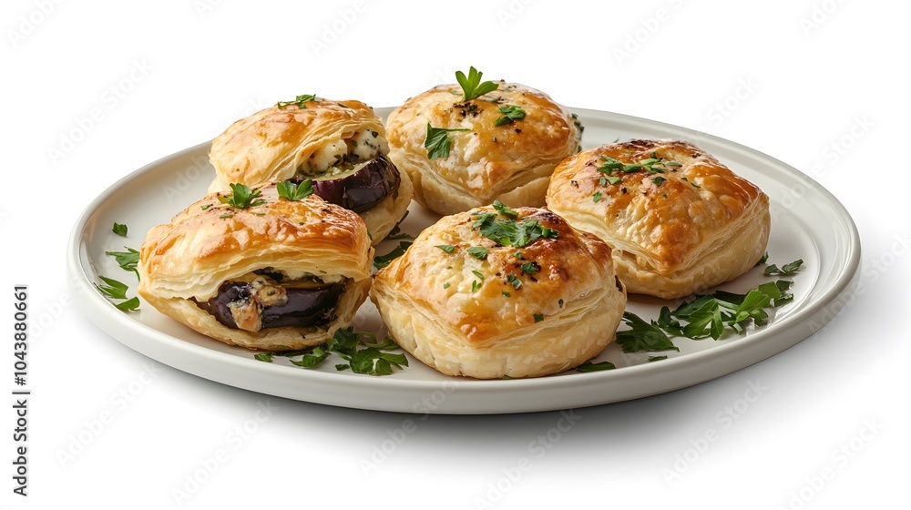 Flaky pastry bites with eggplant and herbs on a plate Flaky pastry bites with eggplant and herbs on a plate