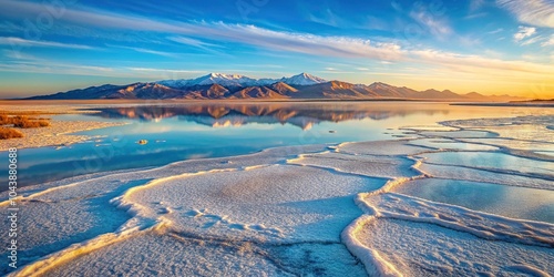 Rare frozen saltwater at Great Salt Lake with Wasatch Mountains in distance at sunset in Utah Winter