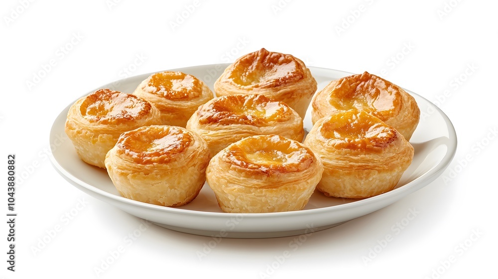 Freshly baked portuguese egg tarts on white plate in bright setting Freshly baked portuguese egg tarts on white plate in bright setting