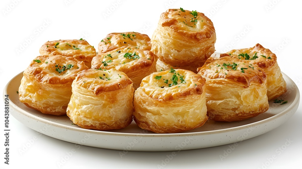 Golden savory puff pastry bites garnished with fresh herbs on plate Golden savory puff pastry bites garnished with fresh herbs on plate