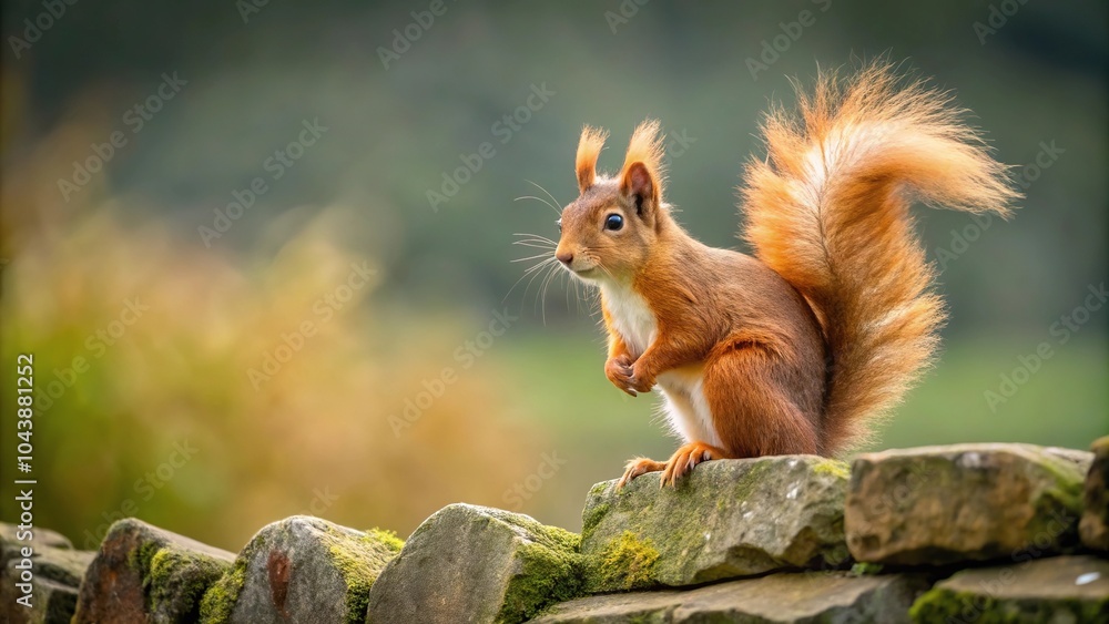 Fototapeta premium Rare red squirrel on stone wall in North Yorkshire England