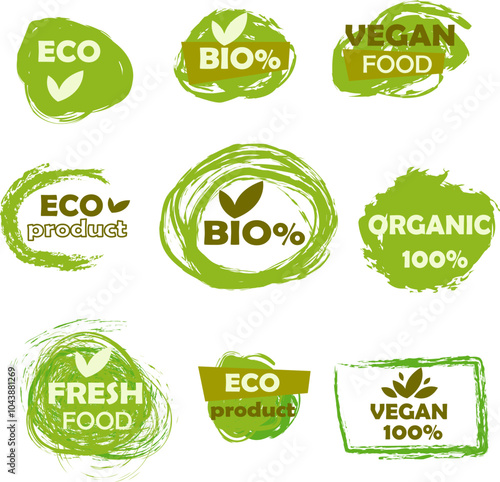 Green eco, organic and vegan product grunge label. Fresh healthy food logo. 