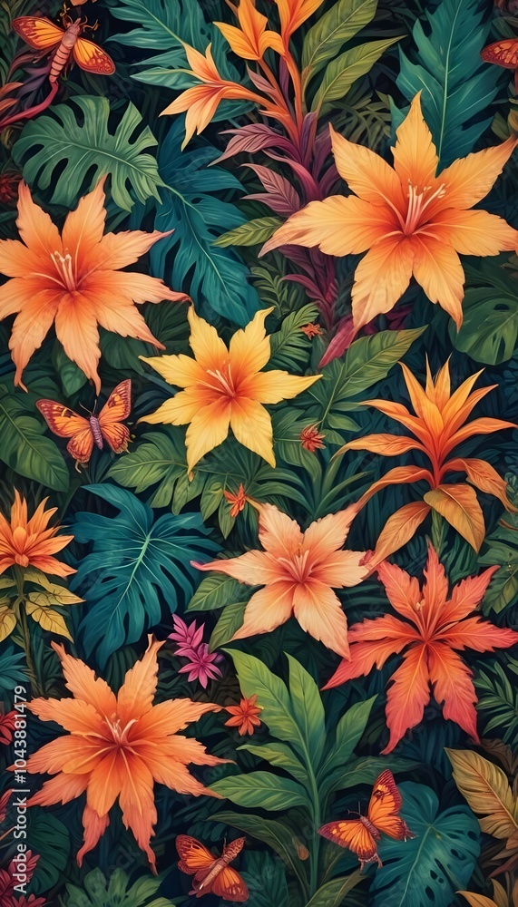 Tropical exotic pattern with animal and flowers in bright colors and lush vegetation Tropical exotic pattern with animal and flowers in bright colors and lush vegetation