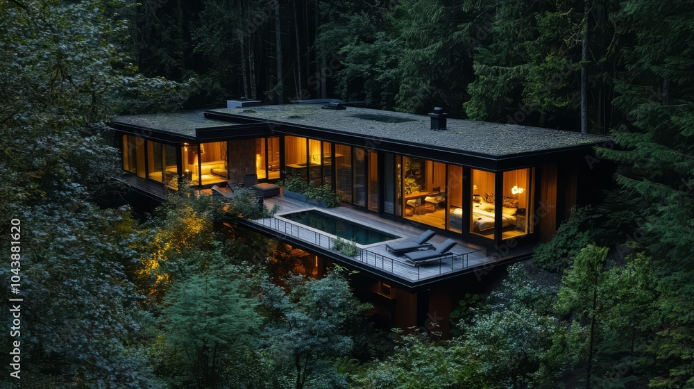 Secluded Forest Haven: Modern Architectural Masterpiece at Dusk Secluded Forest Haven: Modern Architectural Masterpiece at Dusk