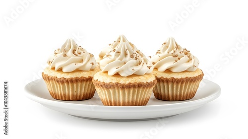 Three vanilla cupcakes with rich cream frosting and chocolate sprinkles on white plate