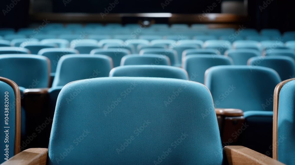 Empty blue cinema seats arranged in neat rows, suggesting an awaiting audience experience in a serene and ambient theater setting with no occupants present. Empty blue cinema seats arranged in neat rows, suggesting an awaiting audience experience in a serene and ambient theater setting with no occupants present.