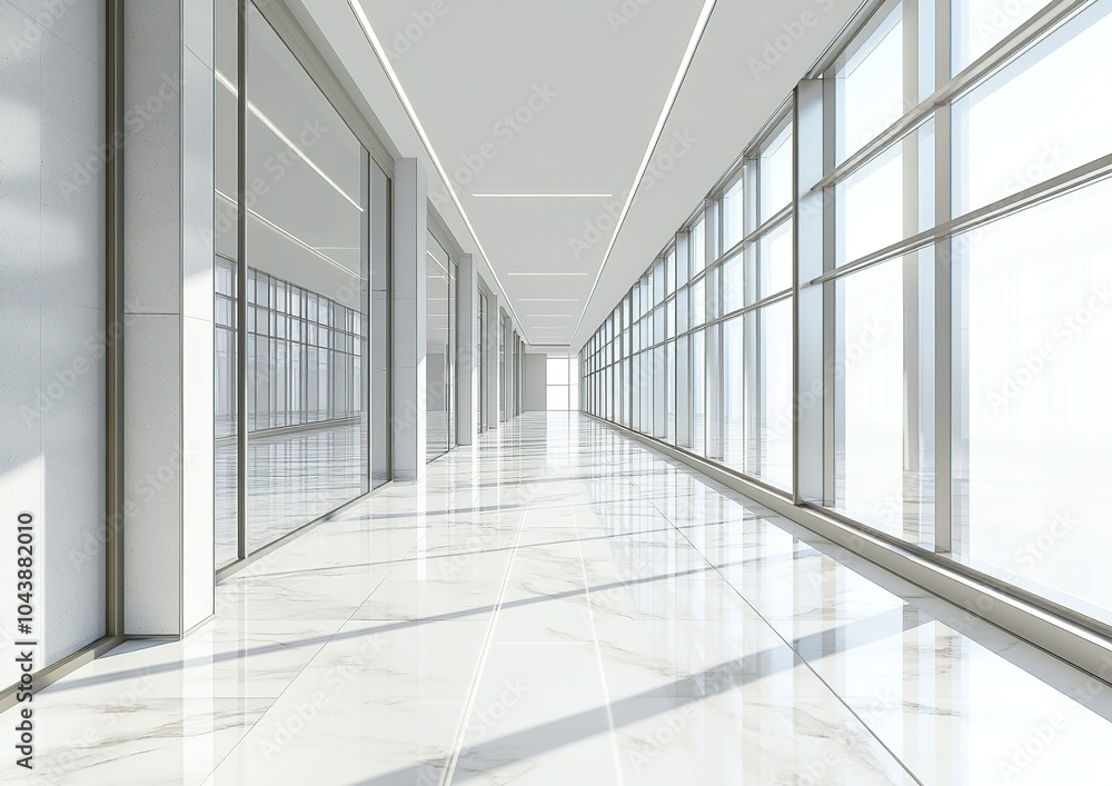 Modern office corridor with white marble floor and large windows. Modern office corridor with white marble floor and large windows.