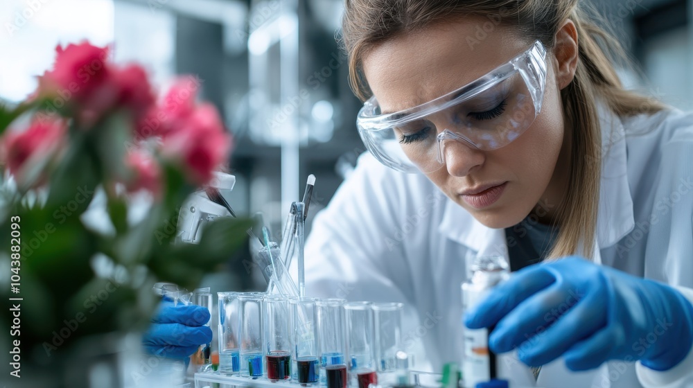 A dedicated researcher wearing a white lab coat and safety goggles meticulously works in a laboratory, carefully handling glassware filled with colorful liquids. A dedicated researcher wearing a white lab coat and safety goggles meticulously works in a laboratory, carefully handling glassware filled with colorful liquids.