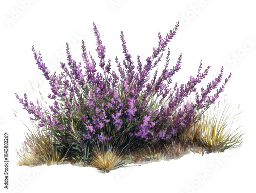 Vibrant lavender shrub in full bloom with lush purple flowers and green foliage.