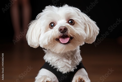 Cute small white dog with a playful expression on a dark background.