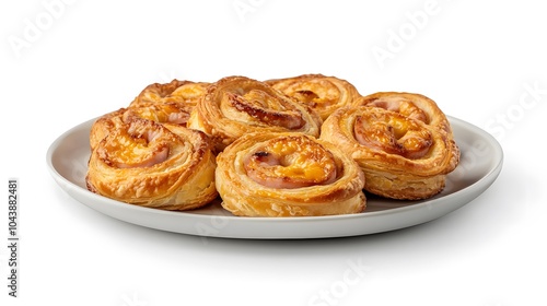 Delicious golden danish pastries with ham and cheese on a plate