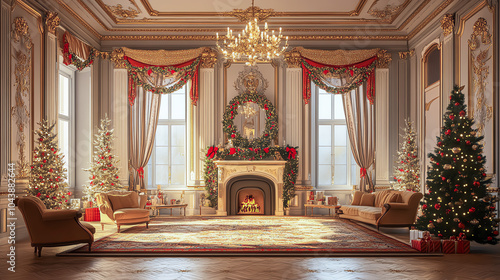 Wallpaper Mural Victorian-style room with rich Christmas decorations, classic holiday charm, 3D illustration Torontodigital.ca