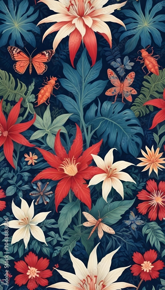 Tropical exotic pattern with animal and flowers in bright colors and lush vegetation Tropical exotic pattern with animal and flowers in bright colors and lush vegetation