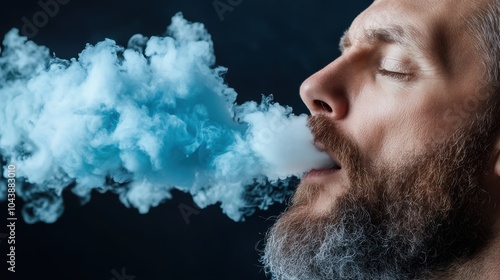 A man with a beard exhales a large cloud of blue vapor against a dark background, creating a calm and surreal atmosphere, showcasing the act of vapor release.