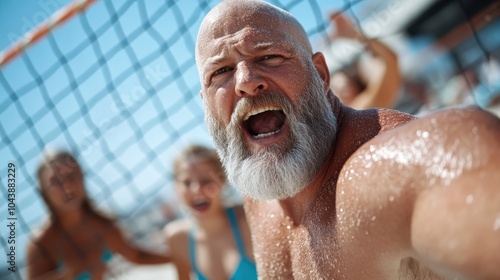 A middle-aged bearded man passionately engages in beach volleyball, surrounded by teammates under the summer sun, capturing the essence of joy and competition.