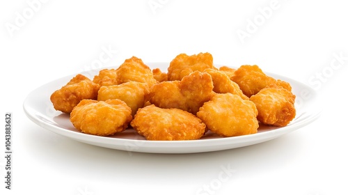 Delicious golden chicken nuggets on white plate