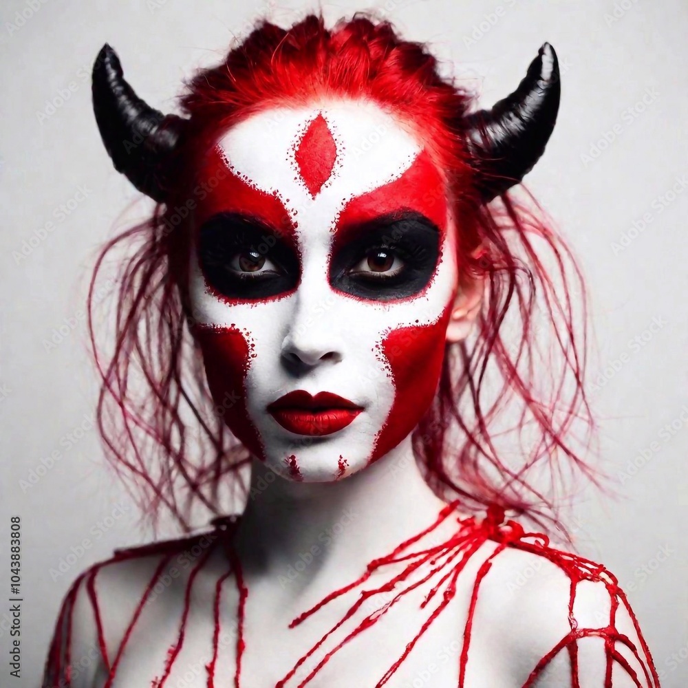 red sketch of a devil female in a spooky Halloween costume, seen in a medium long shot. The rack focus highlights the intricate lines of her costume, with the eye-level perspective adding a balanced red sketch of a devil female in a spooky Halloween costume, seen in a medium long shot. The rack focus highlights the intricate lines of her costume, with the eye-level perspective adding a balanced