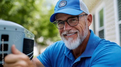 A grinning man in a blue cap gives a thumbs-up in approval near an HVAC system outside a residence, embodying positivity and a can-do attitude in work. photo