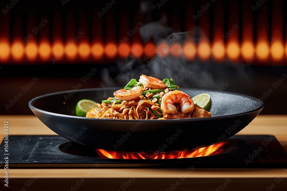 Delicious shrimp noodles with lime served in a black bowl on a wooden table, steam rising from the hot dish. Delicious shrimp noodles with lime served in a black bowl on a wooden table, steam rising from the hot dish.