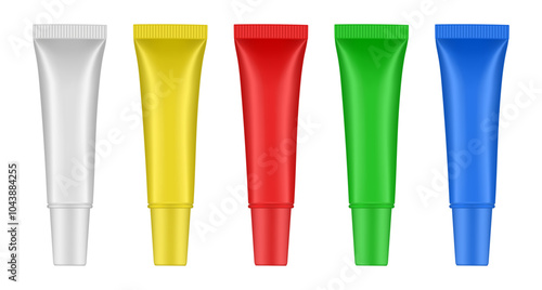 Set of tubes with long cap. White, yellow, green, blue and red tubes. Cosmetic packaging. Serum or ointment. Gel or cream. Foundation or concealer. 3d	