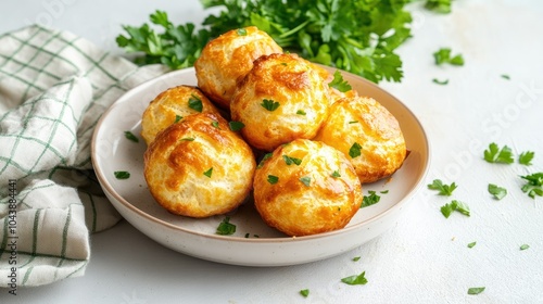 Golden Crispy Gougeres with Fresh Herbs on Plate