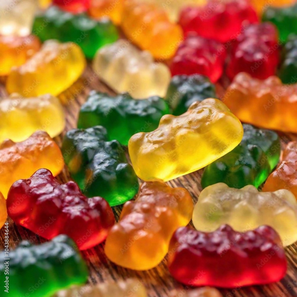 an extreme macro view of a handful of gummy bears or jelly candies. Capture the translucent texture, shiny surface, and vibrant colors of each candy in close detail. an extreme macro view of a handful of gummy bears or jelly candies. Capture the translucent texture, shiny surface, and vibrant colors of each candy in close detail.