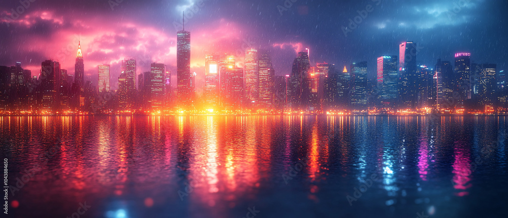Stunning City Skyline with Colorful Reflections in Water Stunning City Skyline with Colorful Reflections in Water