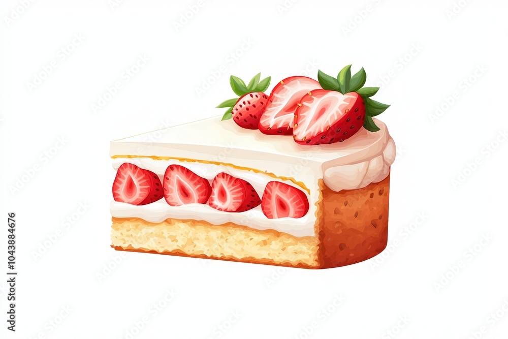 Delicious strawberry cake slice with fresh strawberries, whipped cream, and a soft sponge base, white isolated background.