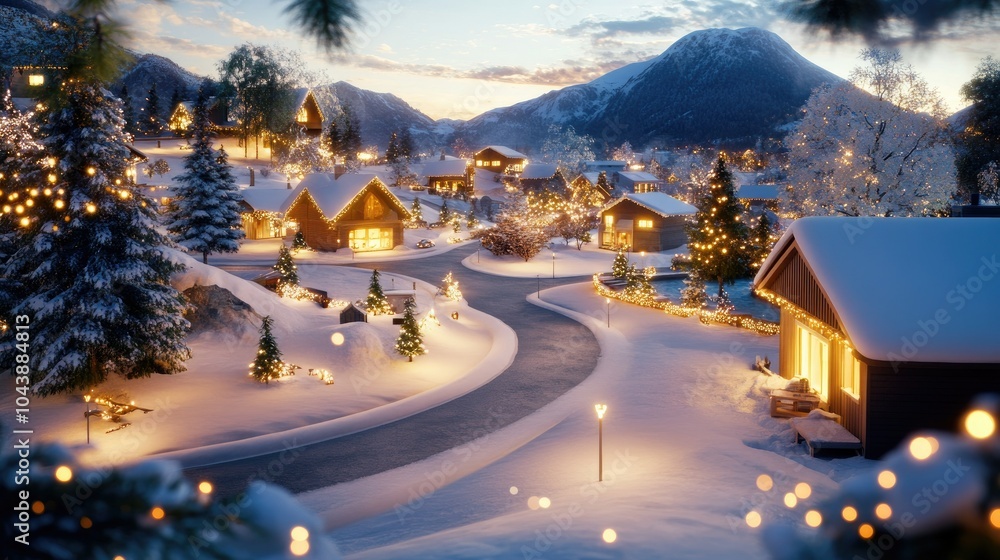 Tranquil Village Blanketed in Snow with Glowing Lights Tranquil Village Blanketed in Snow with Glowing Lights