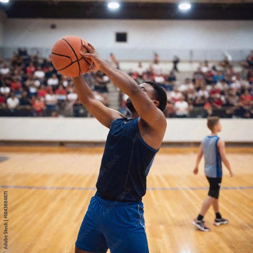 Naklejka premium An eye-level full shot of a basketball player executing a defensive move, with deep focus capturing the player, the opponent attempting to score, and the entire court and spectators in the background