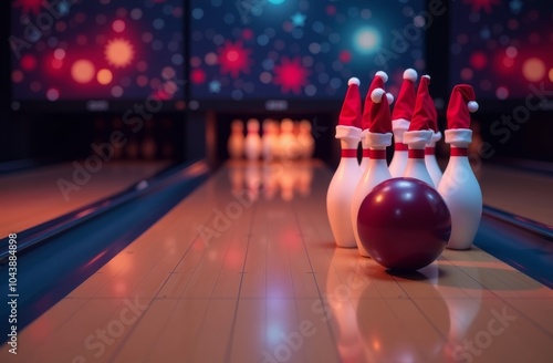 Christmas bowling, skittles in small Santa hats on the lane in a bowling alley decorated for Christmas, copy space, card, red ball